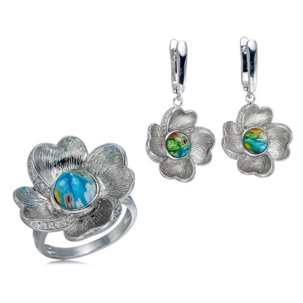 

earrings & necklace riverstone lady murano glass handmade millefiori ring and earring set rhodium plated multicolor cluster flower vintage, Silver