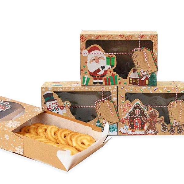 

gift wrap 3/6/12pcs merry christmas cookie box clear window kraft paper candy boxes packaging bag bakery cupcake muffin cake