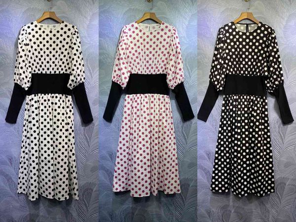 

runway dresses european and american spring catwalk cotton polka dot contrast color stitching elastic waist dress 2vtb, Black