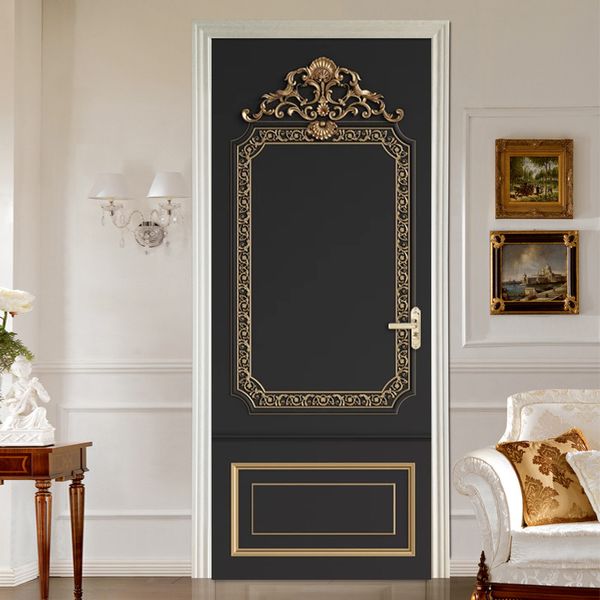 Estilo Europeu Relevo 3D Dourado Porta Etiqueta Adesivo Fotomural Papel de Parede PVC PVC Sala de estar Quarto Porta Decoração Auto-adesivo Adesivos 210317