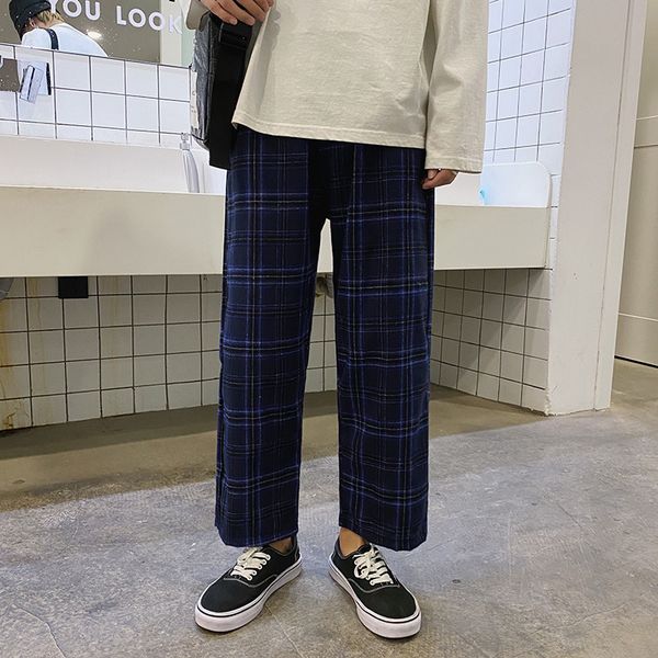 

men casual pants plus size 3xl retro plaid straight trousers male all-match ins chic loose ankle length korean style streetwear, Black