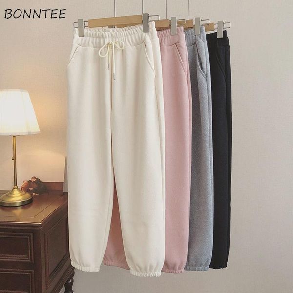 

women casual pants winter thicken high waist drawstring harem trousers loose simple leisure korean style teens all-match chic women's &, Black;white