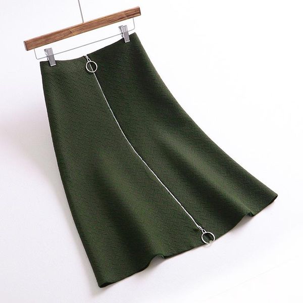 

skirts 2021 autumn women high waist a-line midi skirt saias zip decorated knitting jupe femme faldas, Black