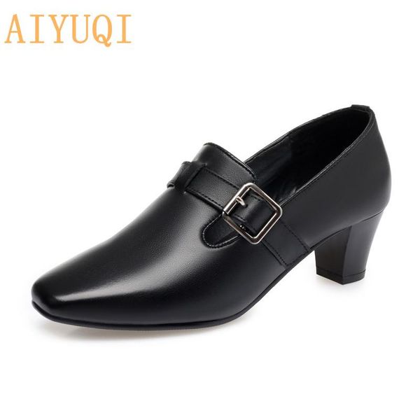 

dress shoes aiyuqi 2021 single women mid-heeled big size 41 42 43 genuine leather female square head, Black