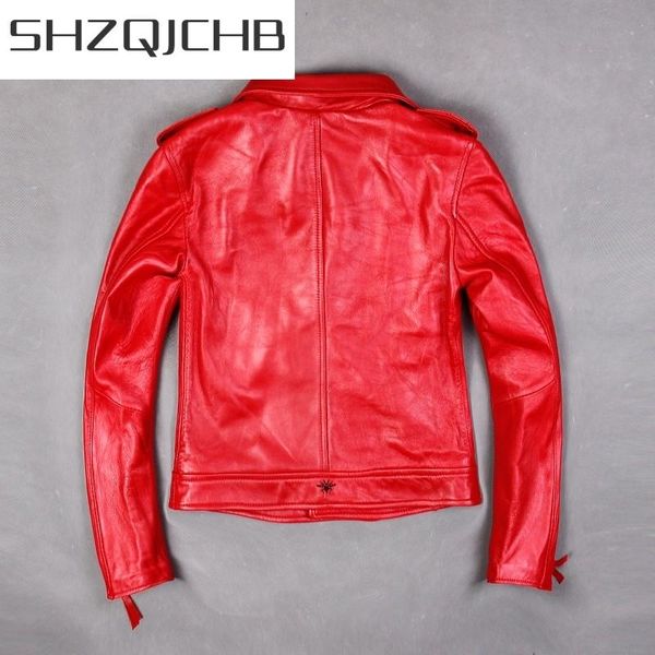 

brand women lapel genuine leather jacket slim fit long sleeve sheepskin coat fashion red motorcycle short women's jackets, Black;brown