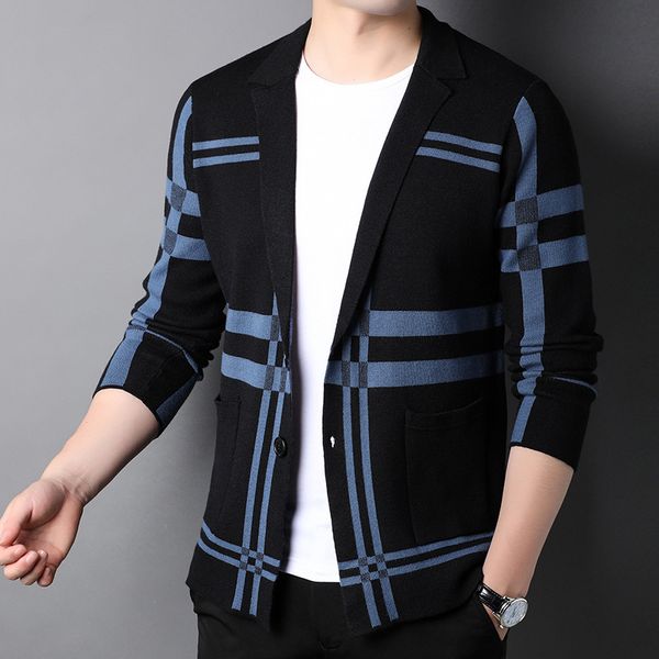 

sweaters knit autumn fashion men's lapel stripe contrast color cardigan loose korean coat wear sweater, White;black