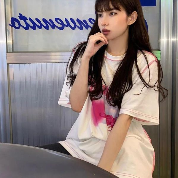 

women's t-shirt o-neck hip-hop love print short-sleeved sweet punk retro oversized y2k park kawaii clothes size women loose clothing, White