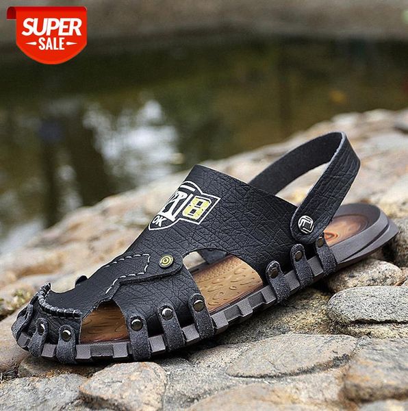 

tian men's sandals korean leather breathable casual slippers dual-purpose beach shoes #yy1f, Black