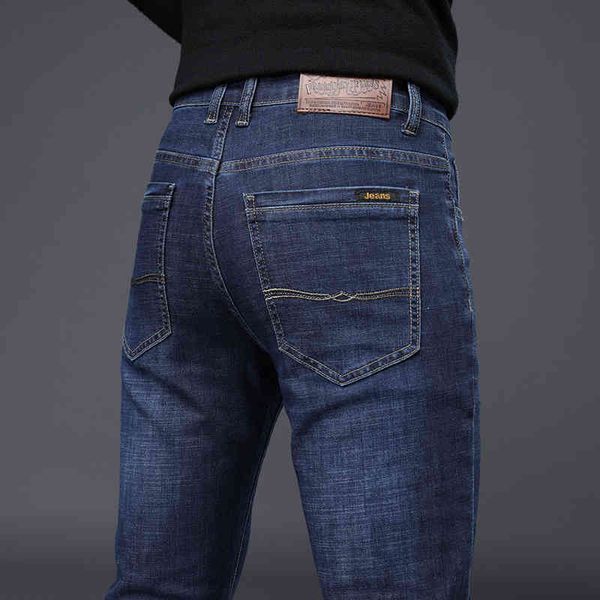 

winter loose elastic casual thickened busins straight jeans men's, Blue