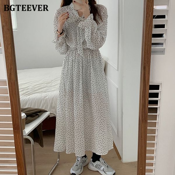 

dresses new bgteeve elegant lace-up bow neck polka dots print dresses for women elastic waist female a-line midi dress 2021 spring vestidos, Black;gray