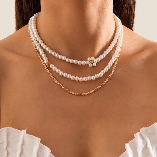 

chains 3pcs boho street style stacked imitation pearl braided necklace simple heart handmade little daisy chain y2k jewelry, Silver