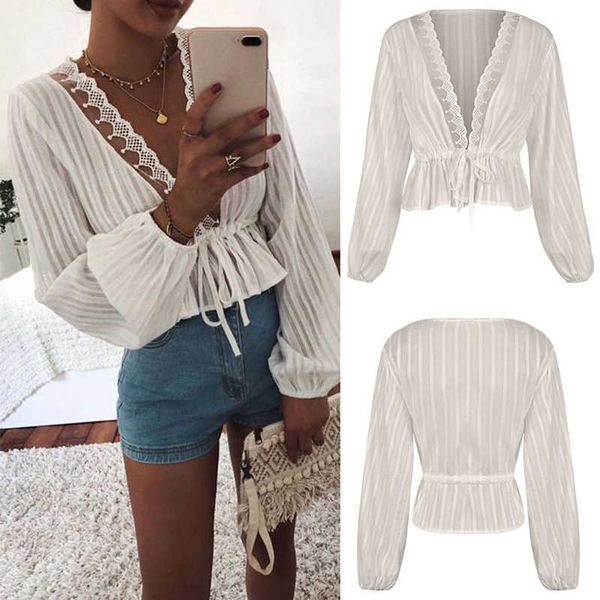 

fashion womens and blouses elegant long sleeve lace v neck ol shirt ladies dames party club tunique femme streetwear 210527, White