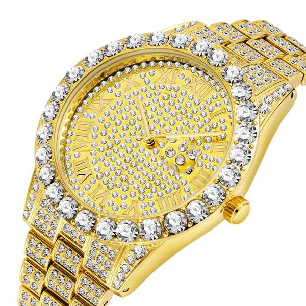 

luxury 18k gold full diamond watch quartz rhinestone hip hop bling ice out male watches for men iced-out steel wristwatch, Slivery;brown