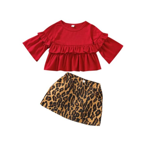 

clothing sets kids girls fashion clothes 2021 summer autumn children ruffle long sleeve + leopard mini skirt baby outfits 0-5y, White