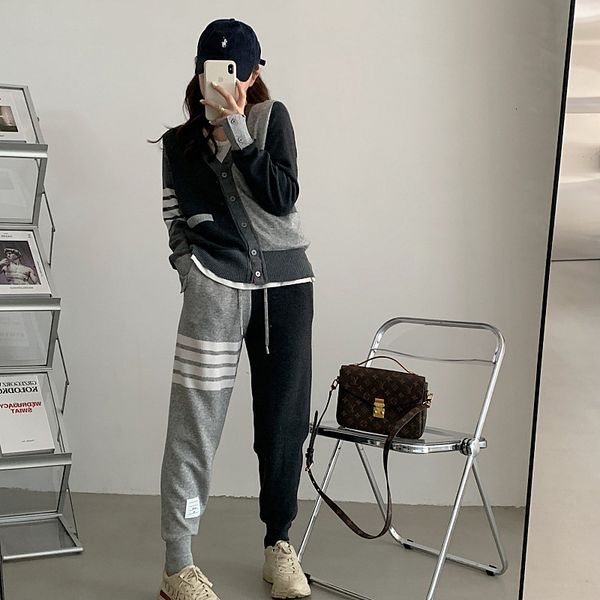 

tracksuits sportswear tb color blocking knitted suit casual women loose and thin v-neck cardigan coat corset foot guard pants leggings fashi, Gray