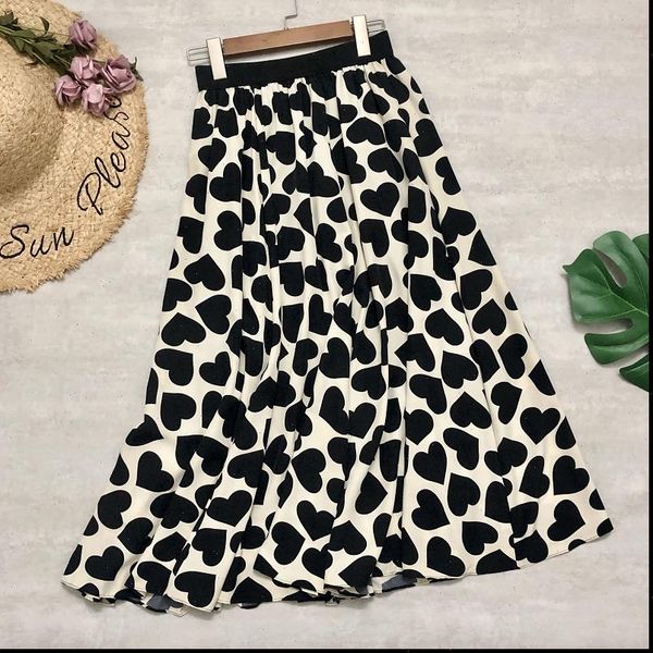 

midi heart dots printing women skirts large hem high elastic waist cotton a line fashion office lady mid calf long, Black
