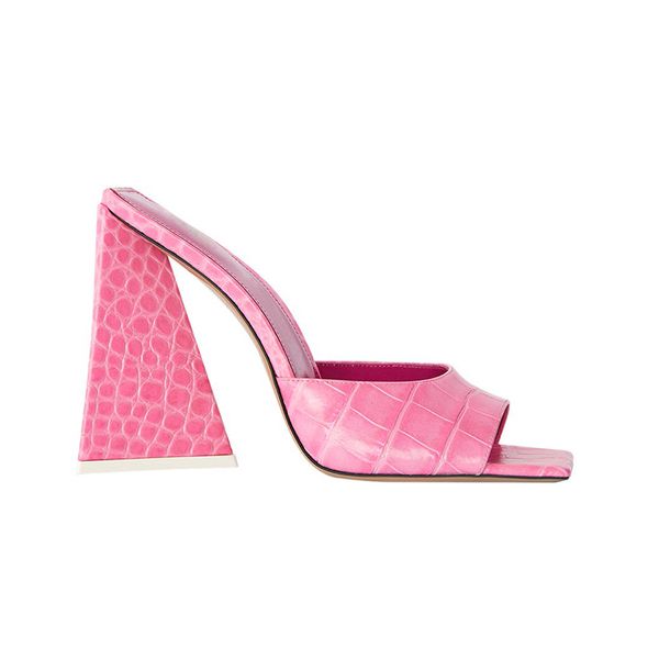 Дизайнерские розовые женские тапочки с каменным узором Туфли на каблуках из натуральной кожи Сандалии высшего качества Модные треугольные ненормальные каблуки размер США 4-12 женские тапочки