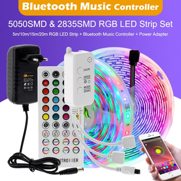 10M 15M 20M RGB RGB LED Tira Luz DC12V 2835 5050 LED Fita Luz Controlador de Música Bluetooth + Power Aadapter