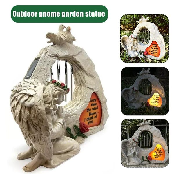 

memorial garden statue with wind chimes & solar led lights kneeling angel figure praying sculpture for outdoor a1 decorations