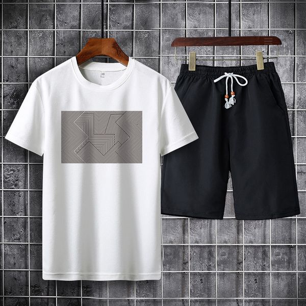 

printed trend sleeve shorts two piece set 2021 men's summer casual suit, Gray