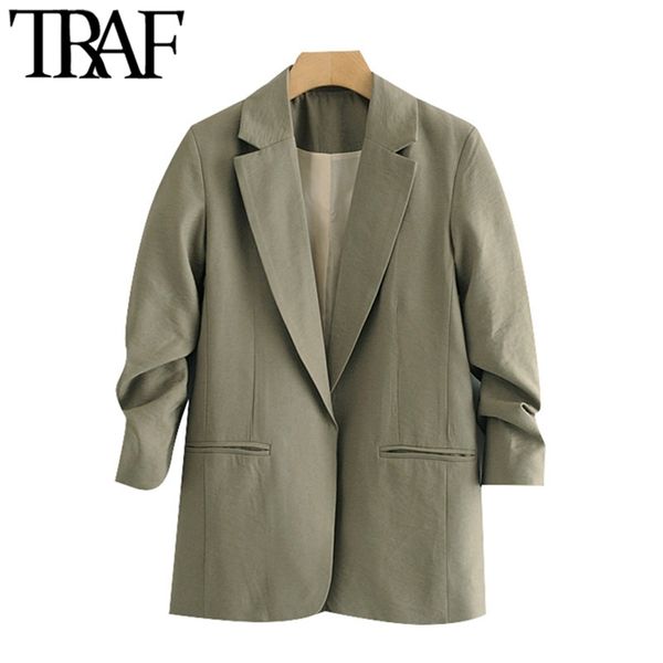Frauen Mode Büro Tragen Offenen Stich Blazer Mantel Vintage Langarm Taschen Weibliche Oberbekleidung Chic Tops 210507