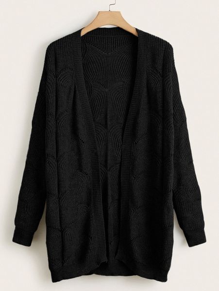 

plus pointelle knit open-front cardigan s5vp#, Black