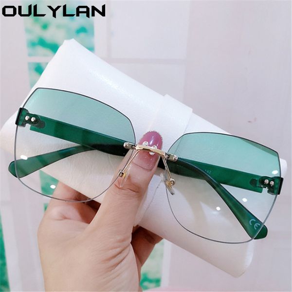 

designer sunglasses oulylan fashion rimless women luxury vintage irregular trimming sun glasses lady shades gradient eyewear green uv400, White;black