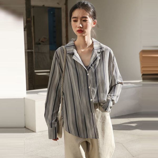 

t shirts autumn korea fashion women long sleeve loose shirts turn-down collar striped vintage chiffon blouses femme m552 vvzr, White