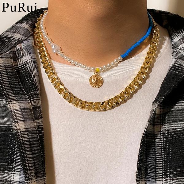 

pendant necklaces bohemia limitation pearl beads choker necklace men blue bead coin miami cuban chain jewelry collar, Silver