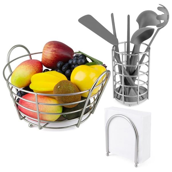 

kitchen storage & organization set of 3 stainless steel napkin holder utensil caddy fruit basket counter home organizers