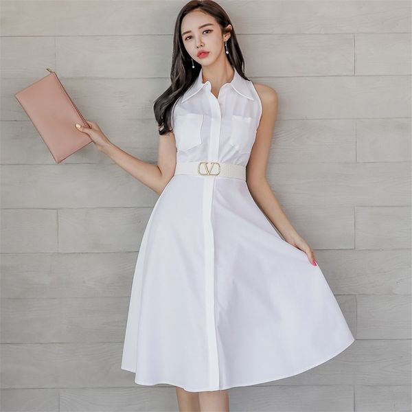 

white shirt dress dress for women summer sleeveless notched neck polyester sundress ladies office a line dresses 210602, Black;gray