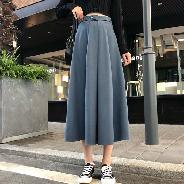 

Skirts Vintage Midi Knee Length Spring Autumn Women with Belt Fashion Ladies High Waist Pleated A-line Skirt Female R0UO, Black