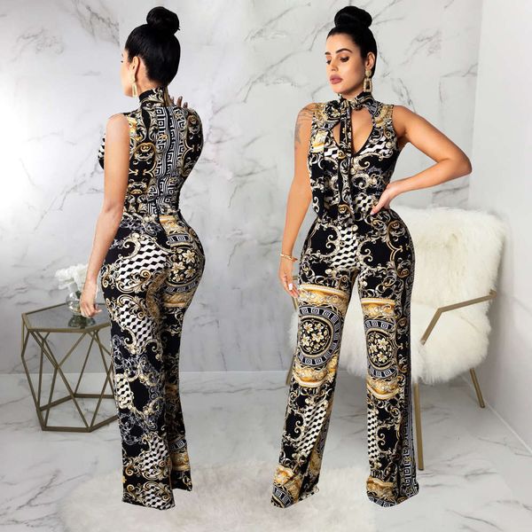

2021 new fashion women's new beauty print sleeveless jumpsuit, Black