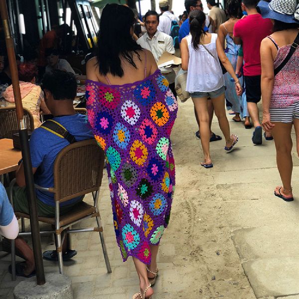 

handmade crochet beach cover up hollow out mesh knitted tunic swimsuit coverup womens beach sarong robe de plage a442 210317, White;black