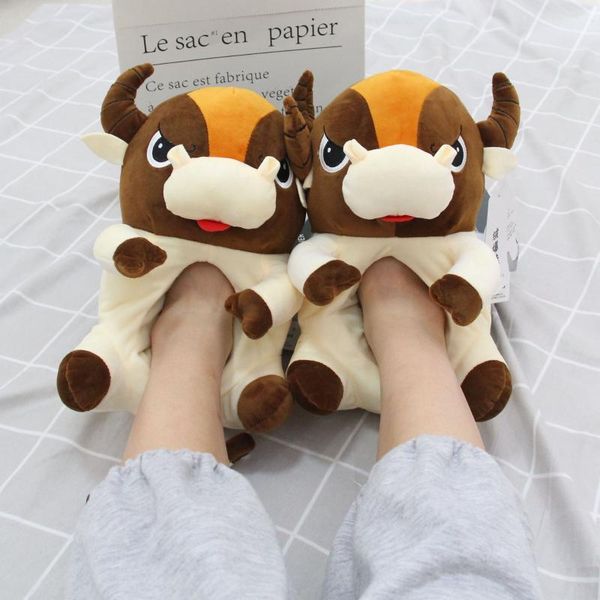 

slippers 2021 plush the year of ox brown cow cartoon winter lovers home warm cotton-padded shoes, Black