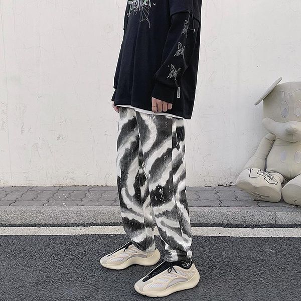 

men's pants 2021 american retro loose straight-leg jeans tide brand hong kong style tie-dye drape casual, Black