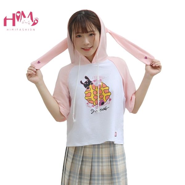 

women's fur & faux summer cute rabbit print hoodie women harajuku kawaii bunny anime graphic short sleeve cropped sweatshirt teen, Black