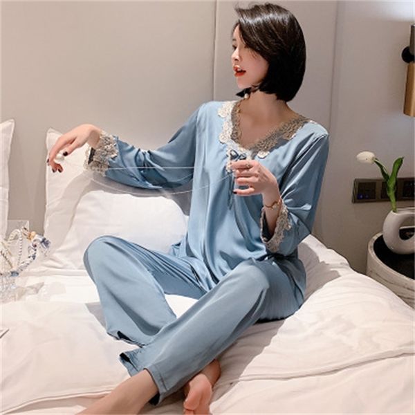 

women's sleepwear pijamas women silk lace nightwear pajamas set spring autumn elegant satin sleepwear summer home clothes pijama mujer, Black;red