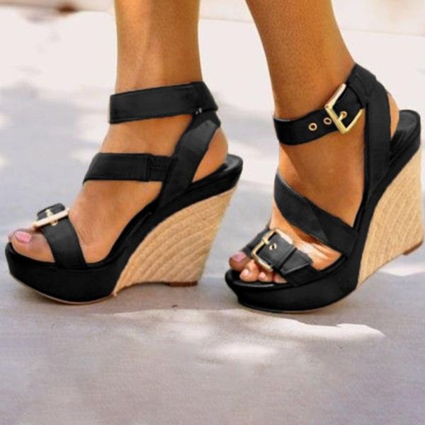 

dress shoes wedge heel women sandal platform pu leather ankle buckles peep toe sandals weaving light casual 2021 summer, Black