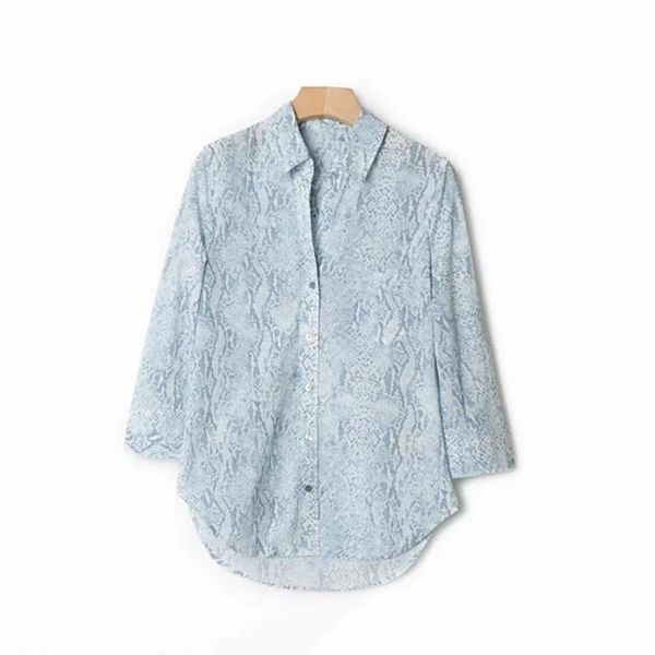 

women's blouses & shirts women irregular hem snake printing turn-down collar long sleeve single breasted ladies loose blouse, White