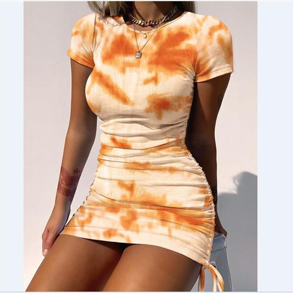 

sunflower print mini womens dresses short sleeve floral tie dye drawstring pleated girl high waist for woman, Black;gray