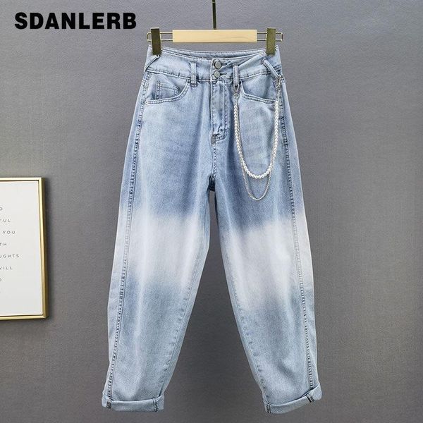 

women's jeans light blue thin 2021 summer high waist denim long trousers loose slimming gradient color harem pants