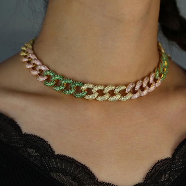 

chunky rainbow cuban choker necklace gold color micro pave cz heavy big women chains, Silver