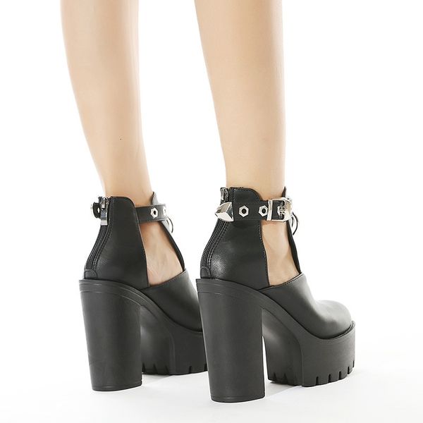 

dress shoes 2021 spring autumn women platform wedge motorcycle boots fashion metal rivet leather buckle high heels chunky ankle 1w, Black