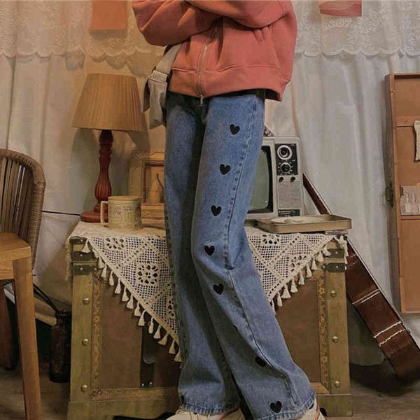 

women's jeans women spring heart embroidery streetwear high waist wide leg long pants vintage casual baggy straight denim trouser 7o1s, Blue