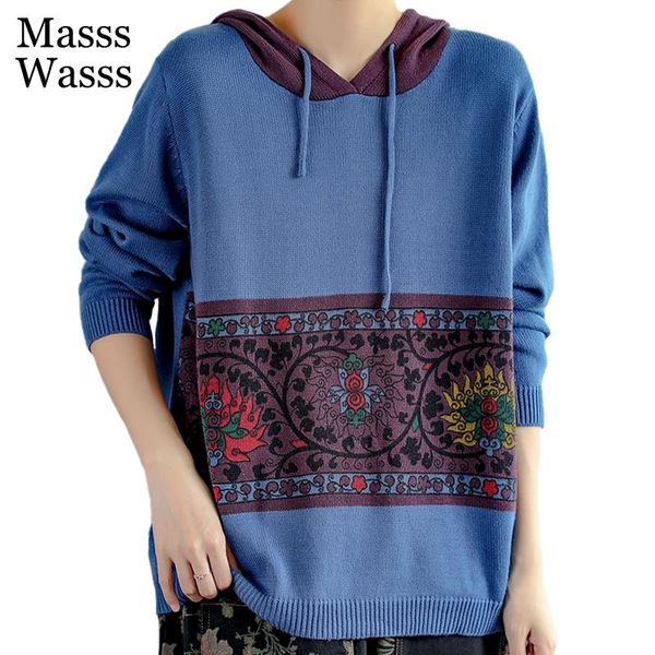 

women's sweaters masss wasss korean design blue hooded loose pullovers 2021 women casual vintage jumpers ladies brown knitwear printed, White;black