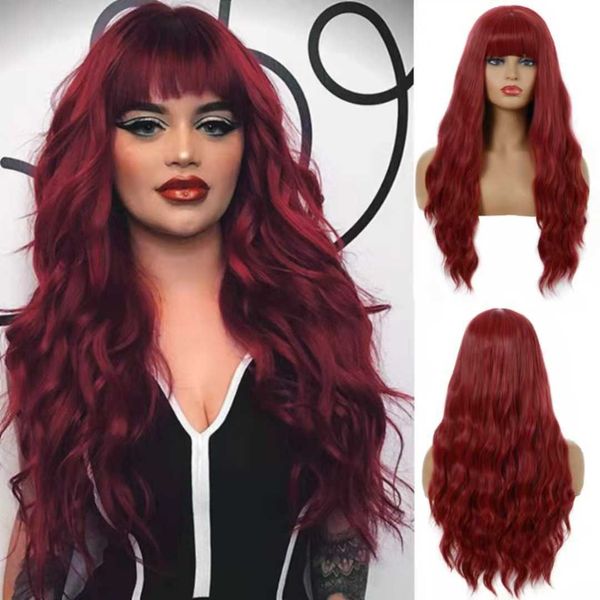 

fashion fake big wave black wine red long curly hair wig