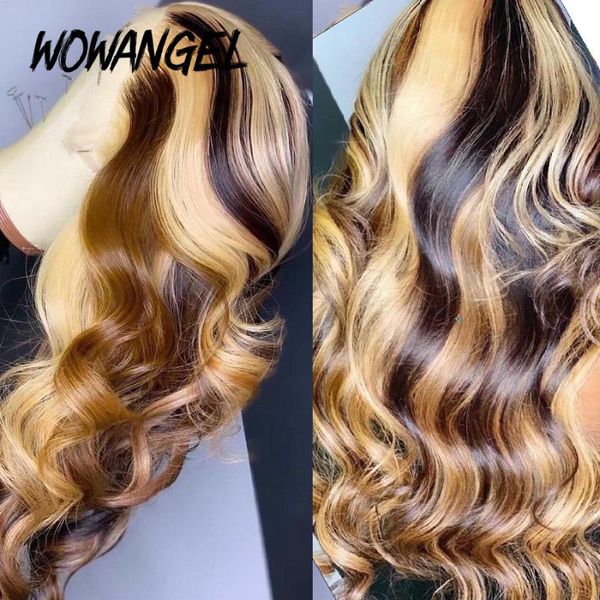 

lace wigs 13x6 blonde front wig human hair colored body wave pre plucked highlight natural hairline, Black;brown
