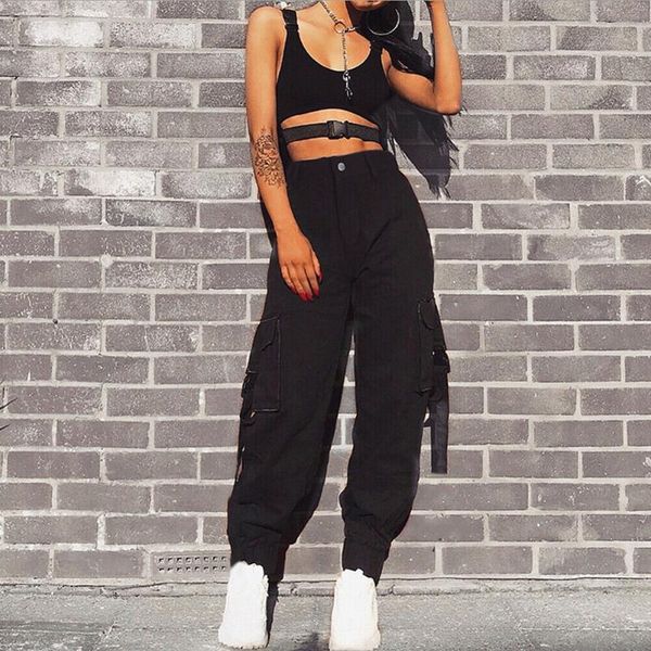 

women's pants & capris women streetwear cargo casual joggers black high waist loose female trousers korean style ladies capri, Black;white