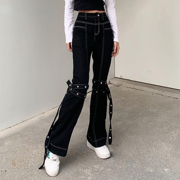 

women's jeans gothic grunge black harajuku punk wide leg women pants hip hop high waist bandage streetwear rivet trousers, Blue